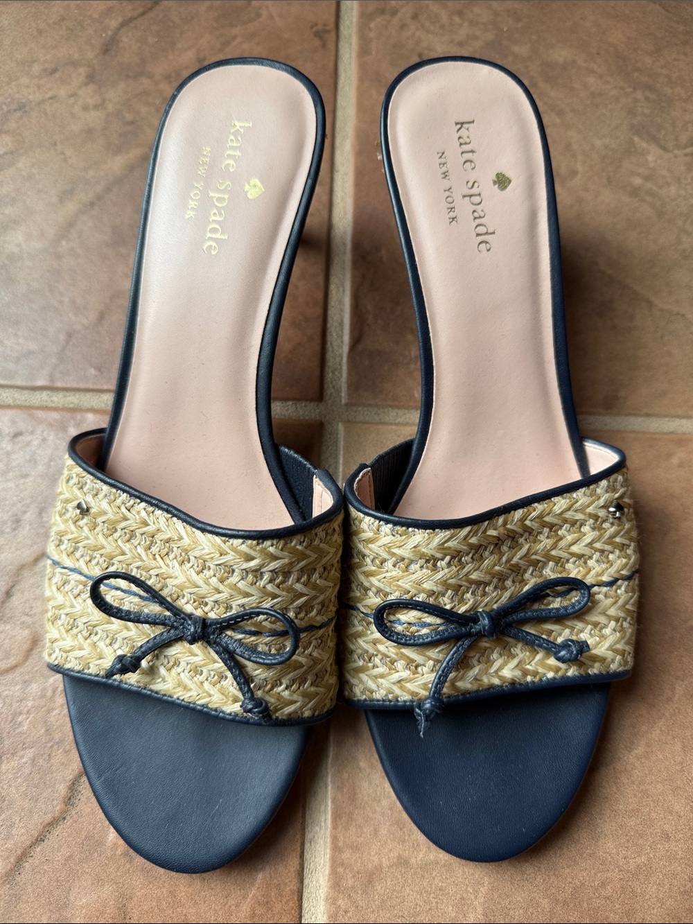 kate spade Navy and Natural Raffia Bow Slide Mules